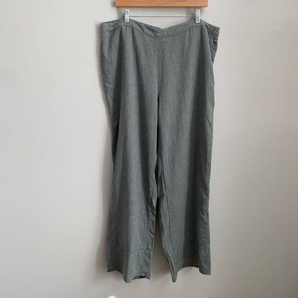 J Jill Pure Jill Pants Linen Tencel Blend Womens 2X Green Wide Leg Lagenlook